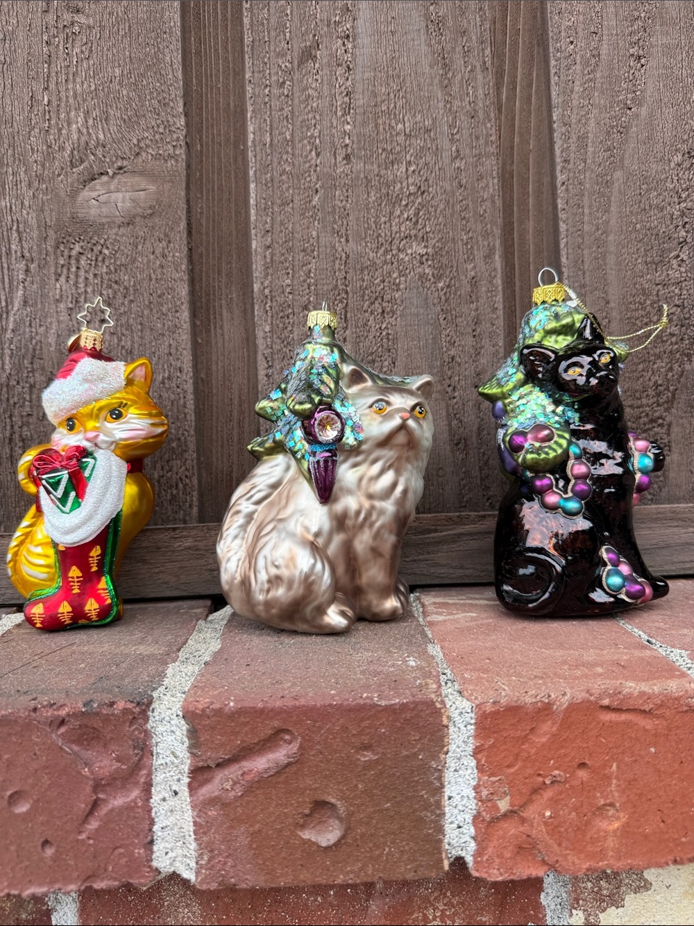 Set of 3 Glass Cat Holiday Ornaments in Gold, Cream, and Black